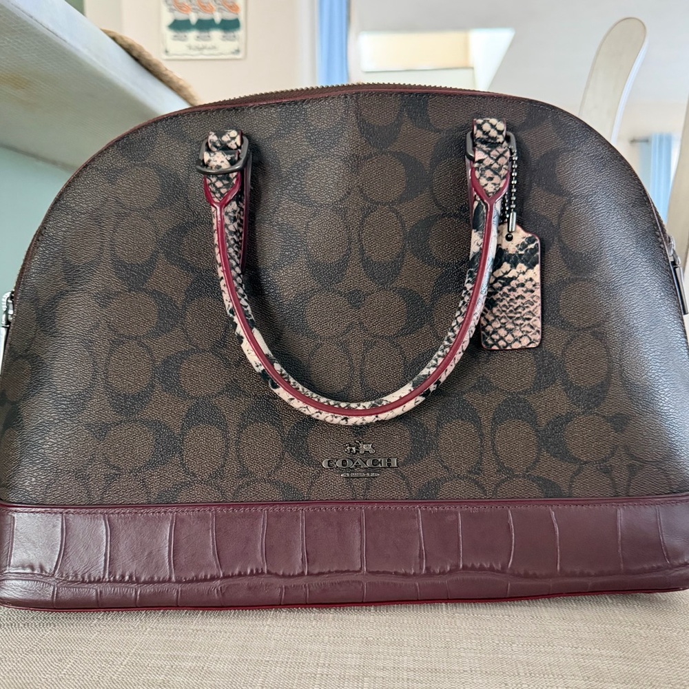 Coach Satchel in Brown and Burgundy with Snakeskin Accents